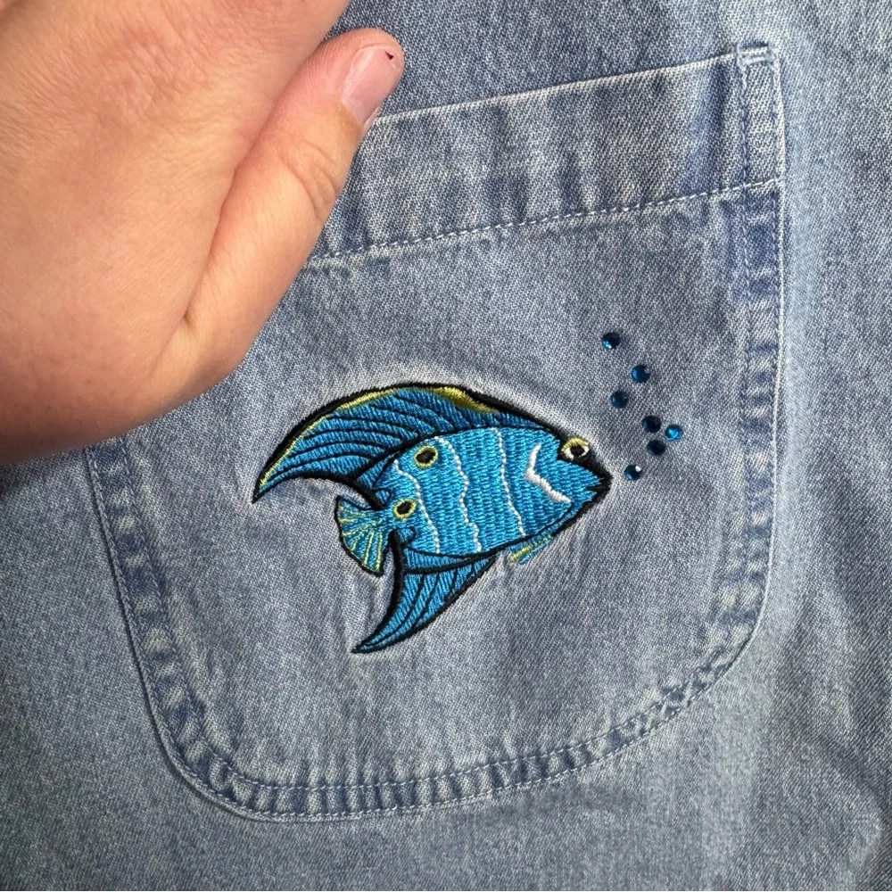 CB Casual Plus Chambray Fish Dress 2X Denim Beach Nautical Embroidered NWT - Picture 3 of 8